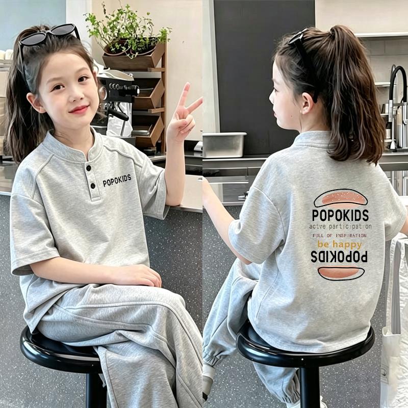 Korean Style Girls' Cartoon Stand-up Collar Short-Sleeve Polo T-shirt - 2026 Summer Trend for Kids in Pure Cotton