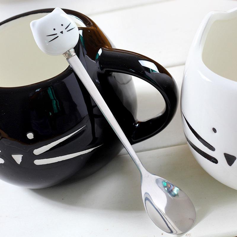 Cartoon Ceramic Spoon Ceramic Black And White Cat Spoon Ice Cream Spoon Stainless Steel Coffee Spoon