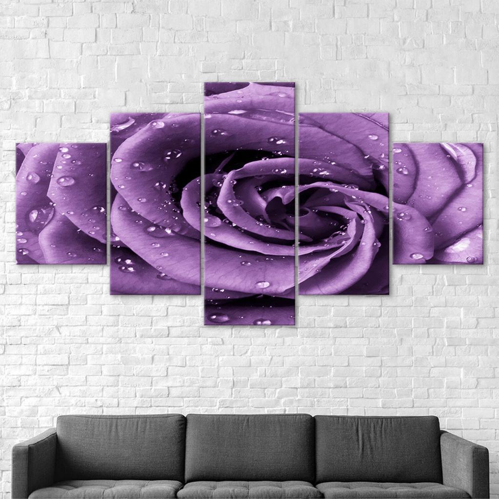 Purple Rose Flower Mist Drops 5 Piece Five Panel Wall Canvas Print Modern Art Poster Picture Home Decor Gift For Him For Her