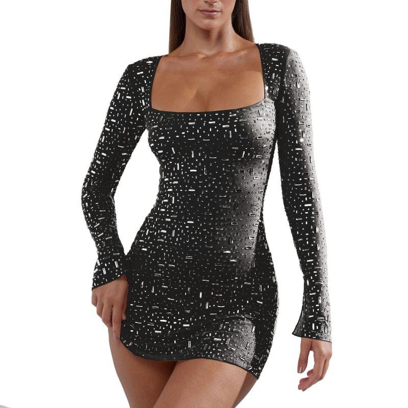 

Fashion Style Ins New Fashion Sexy Long Sleeve Sequined Rhinestone Skirt Sexy Semi See-through Sheath Dress Women Black L