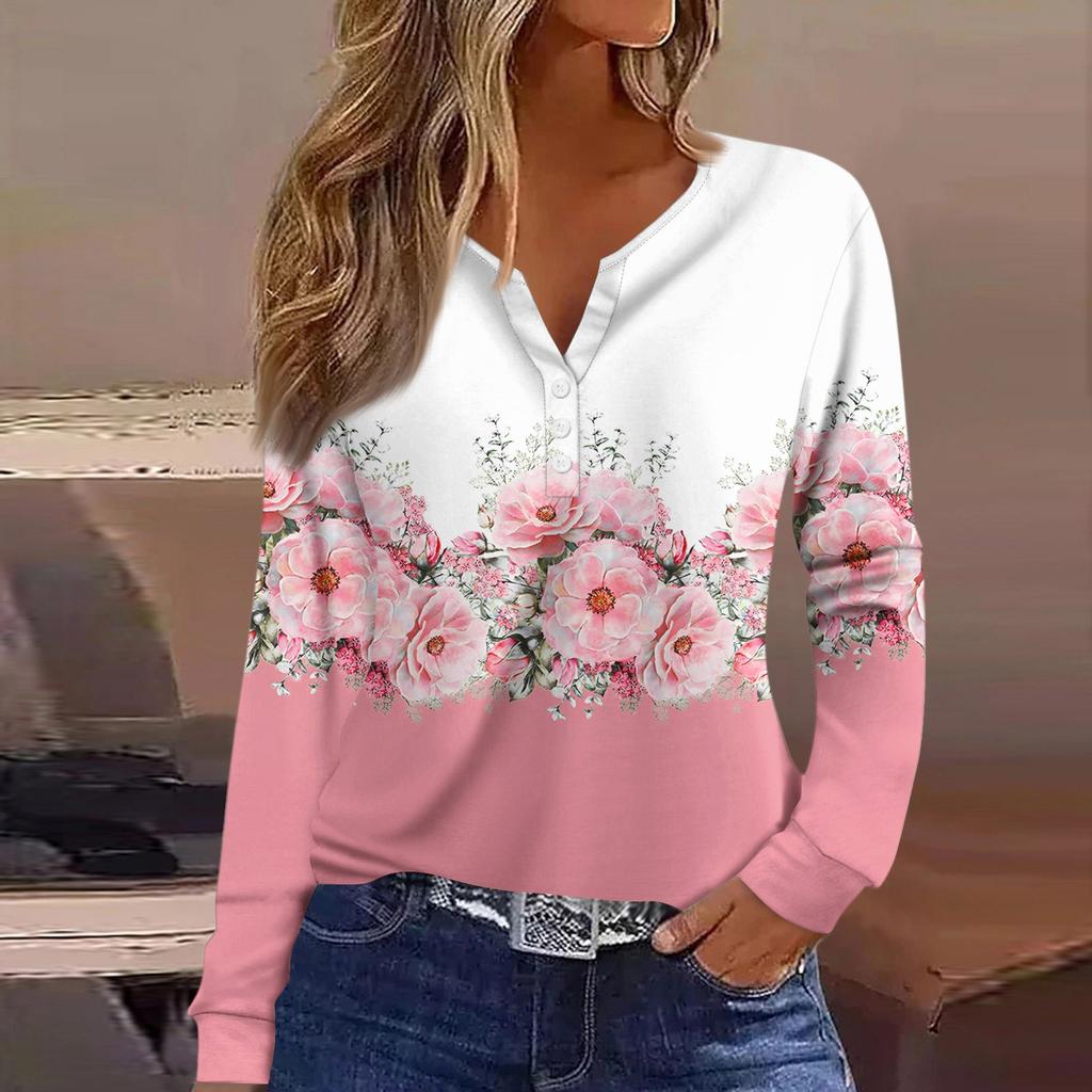 Damen-T-Shirt, T-Shirt, Knopfleiste, langärmelig, für den Alltag, Wochenende, modisch, Basic, V-Ausschnitt, normales Oberteil