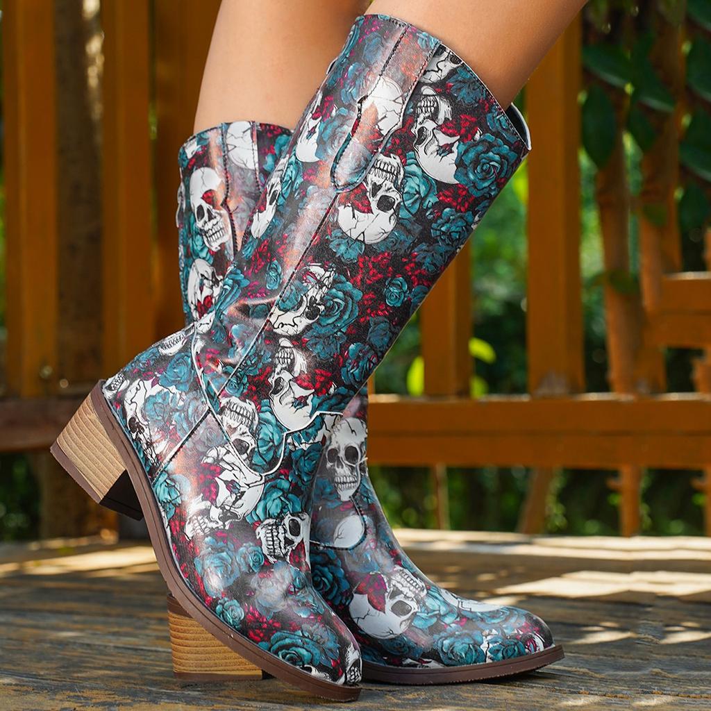 Halloween Skeleton Print Gothic Long Boots Women Autumn Mid Calf High Heels Western Boots Woman Pointed Toe Cowgirl Botas