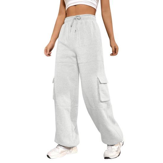 Women Cargo Pants Elastic High Waist Adjustable Drawstring Long Pants with Multi Pockets Wide Leg Design Solid Color Casual Pants