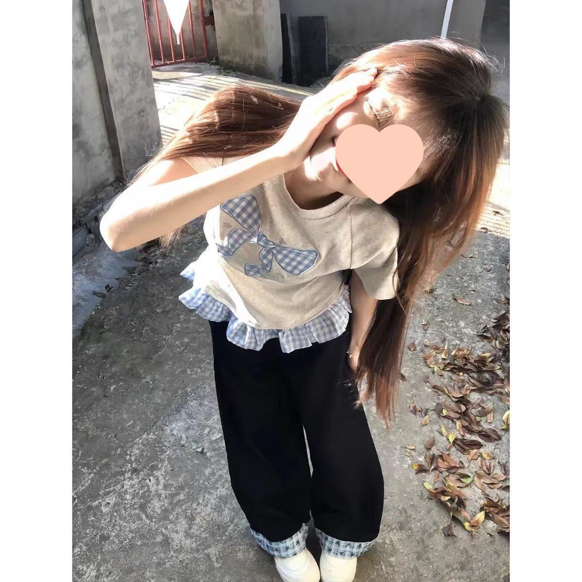 

Женская летняя футболка в корейском стиле, клетчатая лоскутная, с рукавом реглан, коротким рукавом и бантом S (suitable for 75-95 jin)