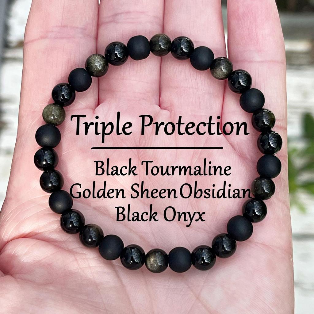 Natural Golden Sheen Obsidian & Black Agate Bracelet