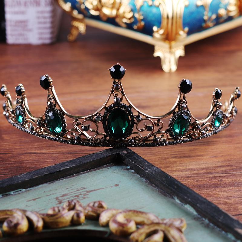 Green Alloy Bridal Crown Black Wedding Hair Crown Queen Crystal Rhinestone Headband