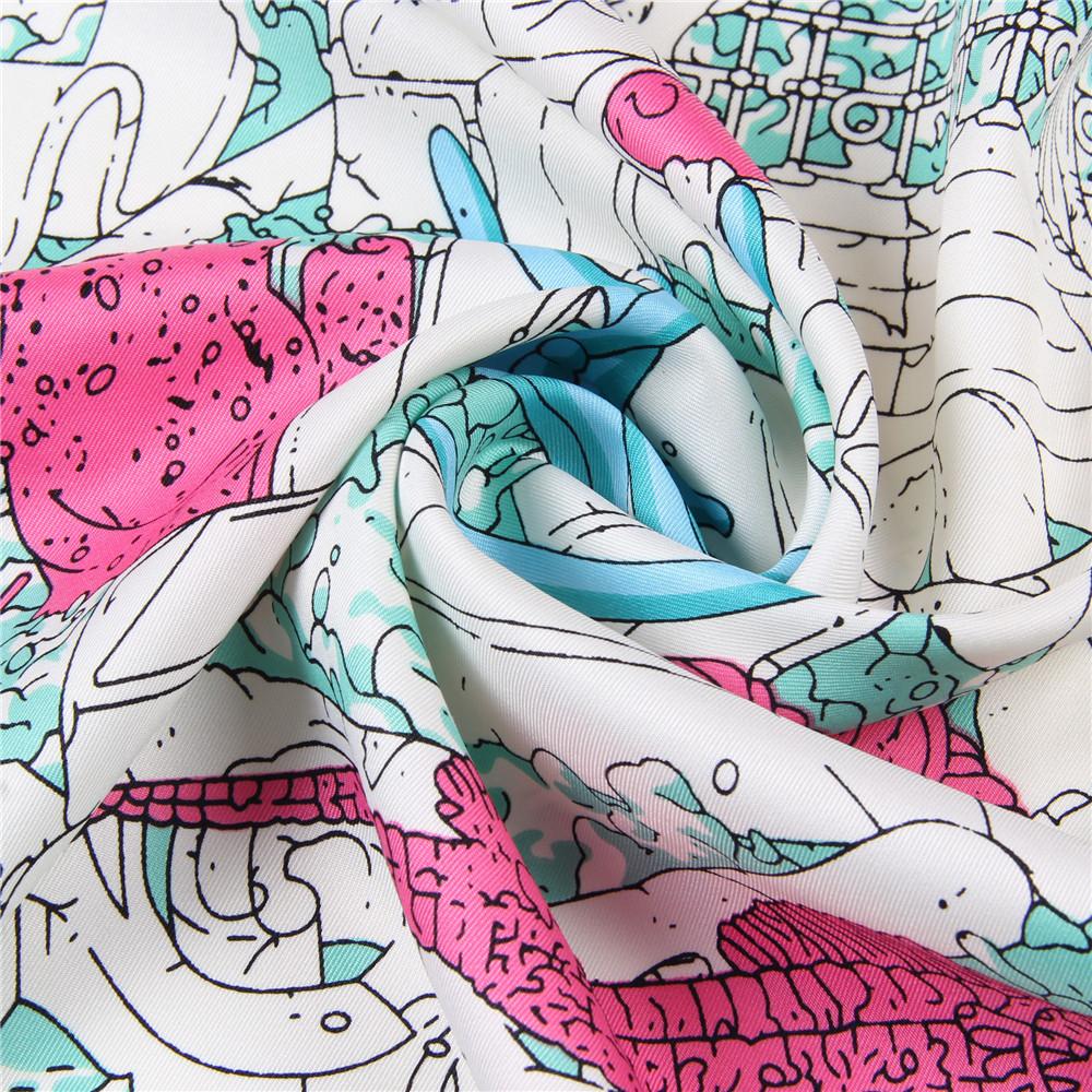90Cm Luxury  Sea World Hijab Scarf Women Bandana Handmade Curled Twill Silk Square Scarf Luxury Foulard Head Scarves Shawls