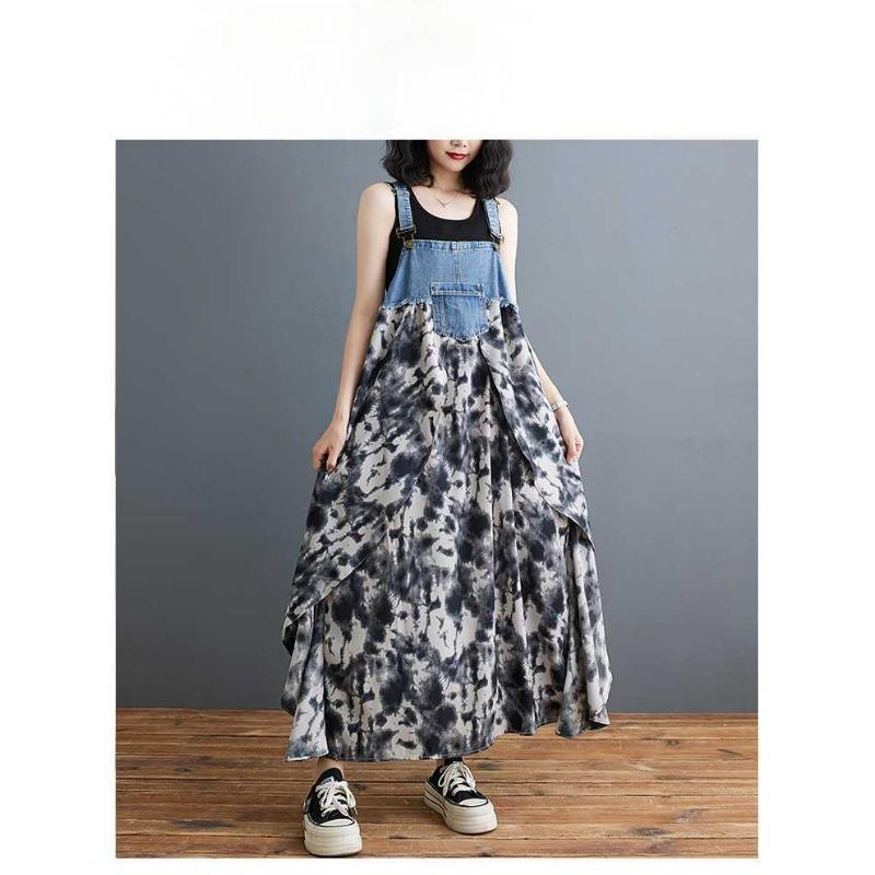 Women's Loose Chiffon Printed Denim Suspender Mid Length Dress