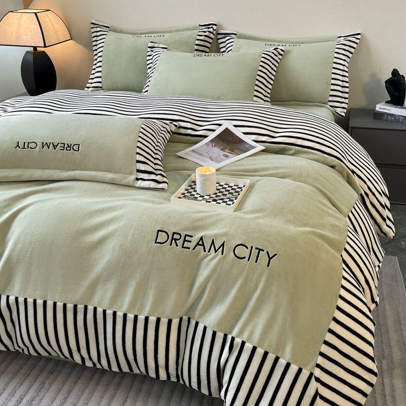 Luxurious Embroidered Milk Velvet 4-Piece Bedding Set - Winter Double-Sided Flannel with Thick Duvet and Coral Fleece Sheets