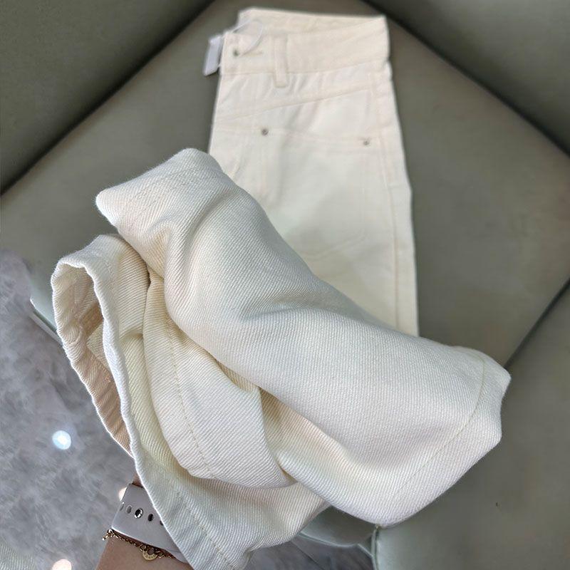 Women High Waisted Beige Straight Leg Jeans Spring Autumn Korean Style Wide Leg Pants Slim Fit V Line Stitching