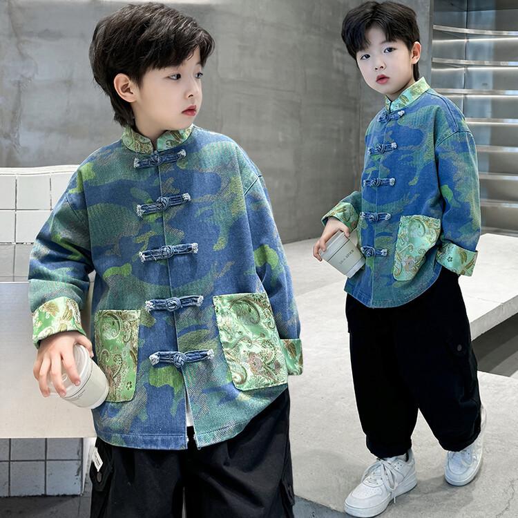 

2026 Spring/Autumn Chinese-Style Denim Jacket for Boys - Trendy Tang Suit Collection 140 cm
