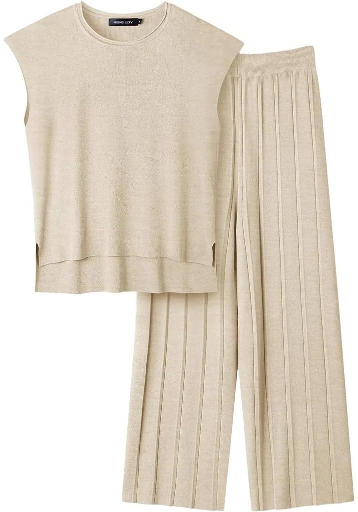 2026 Solid Color Knit Set: Sleeveless Top & Wide-Leg Crop Pants, Slim Fit, Round Neck