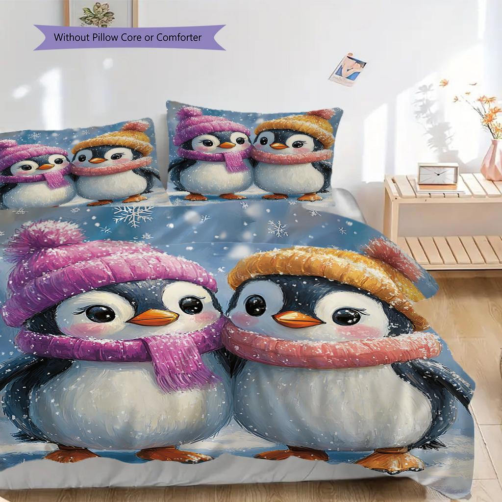Penguin Pattern Bedding Quilt Set Quilt Cover Pillowcase Home Decoration Birthday Gift (1 * duvet cover + 2 * pillowcase, without core)