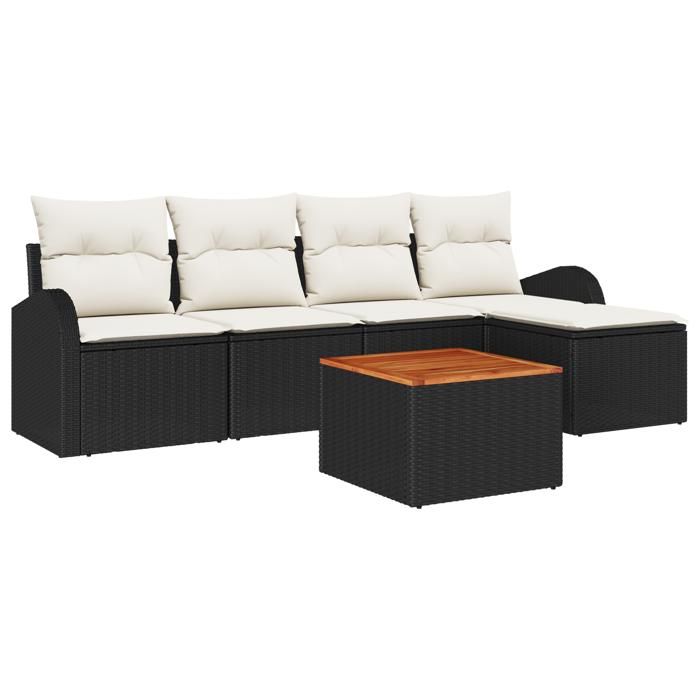 VidaXL Ensemble de Canapé de Jardin 6 Pièces avec Coussins Noir Poly Rattan Acacia 3347565