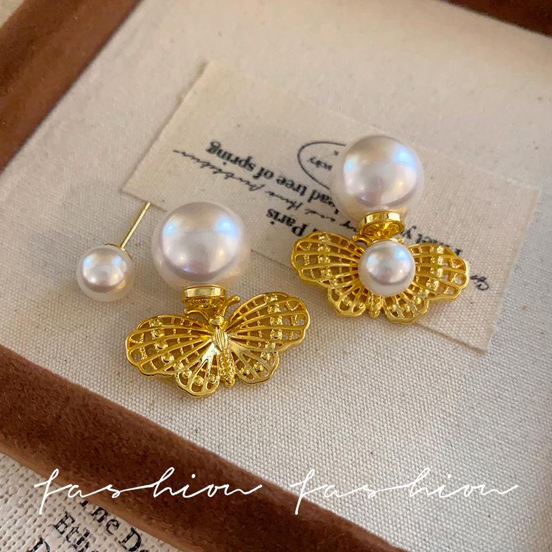 Real gold electroplated hollow butterfly earrings female pearl front and rear wearing temperament elegant high-end ear jewelry sterling silver