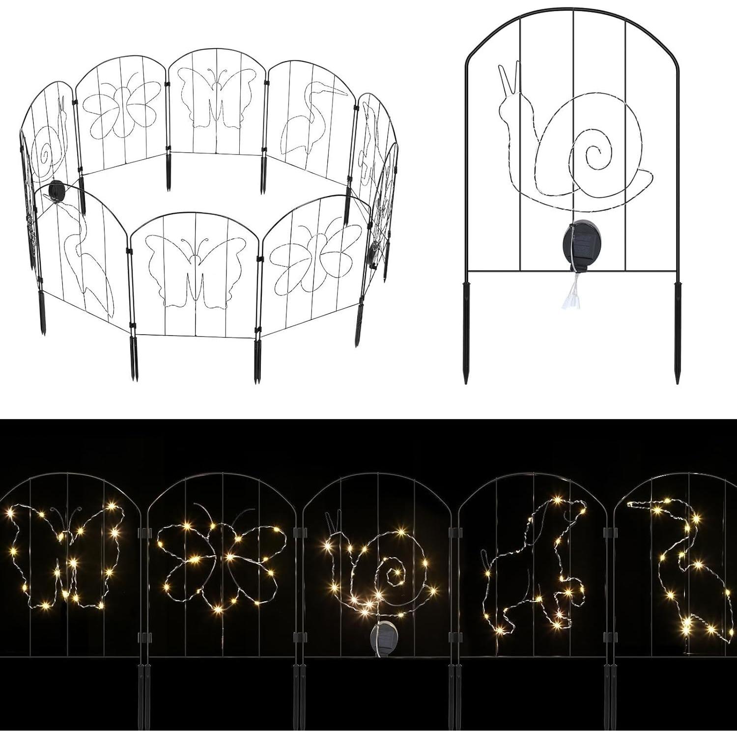 

10 Pack Solar LED Garden Fence - 10.5ftx22in Rustproof Pet Barrier w/Ground Stakes, No-Dig Metal Edging for Yard/Patio (Black) чёрный