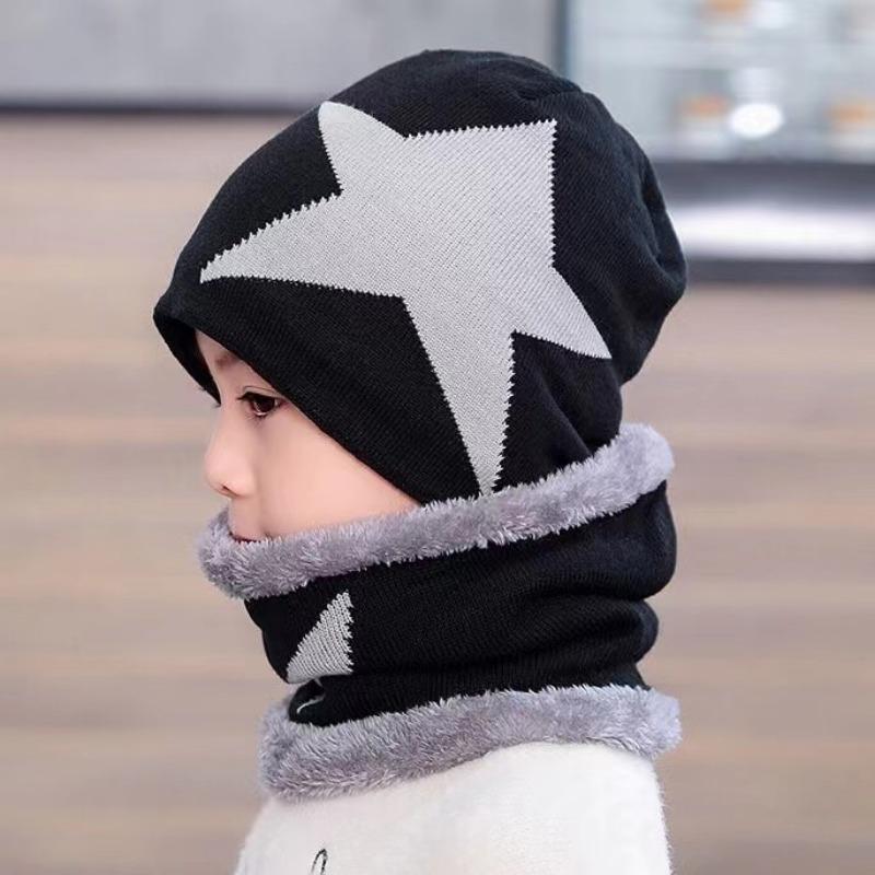 (TAGLIA)Cappelli invernali caldi lavorati a maglia con colori a contrasto in pile per set di due pezzi cappello + sciarpa per bambini