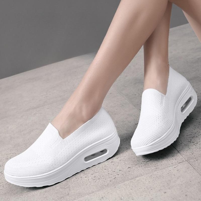 Breathable Knitted Women Casual Shoes Air-cushion Platform Shoes Slip-on Walking Loafers Working Shoes Big Size 35-44