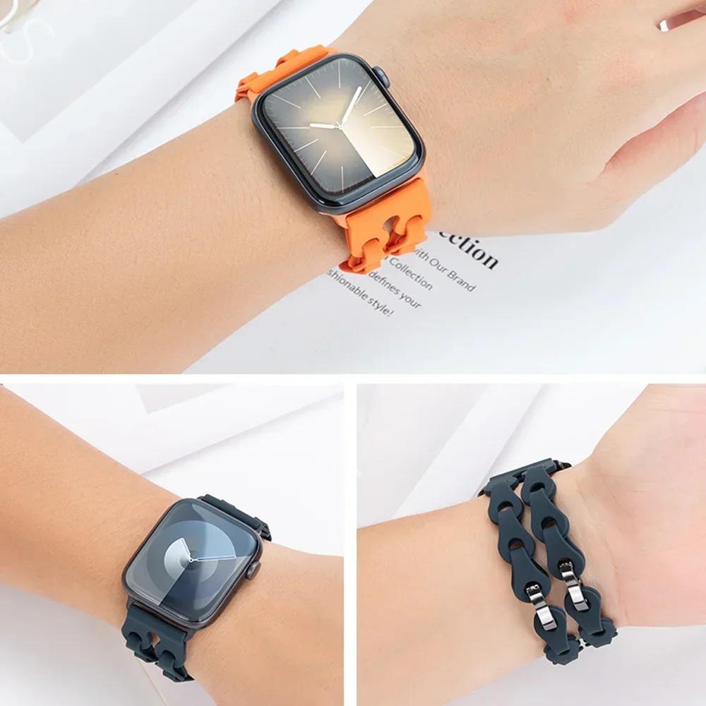 Pulseira de Silicone de Elo Duplo para Apple Watch Band Ultra 2 49mm 44mm 40mm 45mm 41mm 42mm Bracelete para Series 9 8 7 6 5 4 SE 3