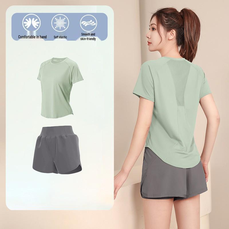 Conjunto Deportivo Transpirable de Secado Rápido para Mujer: Camiseta de Manga Corta y Pantalones Cortos para Correr para Pilates Yoga
