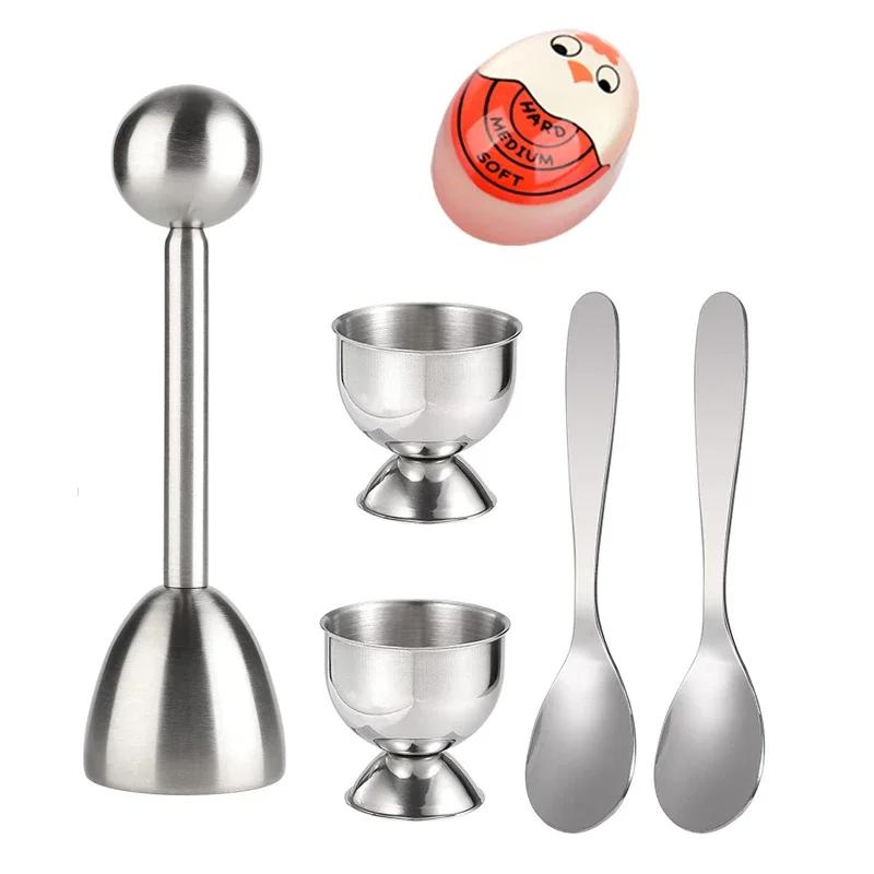 Creative Egg Opener Egg Shell Opener With Egg Tray Set and Spoons Stainless Steel Opening Egg Breakfast Tool Kitchen Accessories