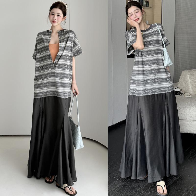 DIMANAF 2026 Summer New Plus Size Women Long Dress Striped Cotton V-Neck Short Sleeve Lady Shirts Dress