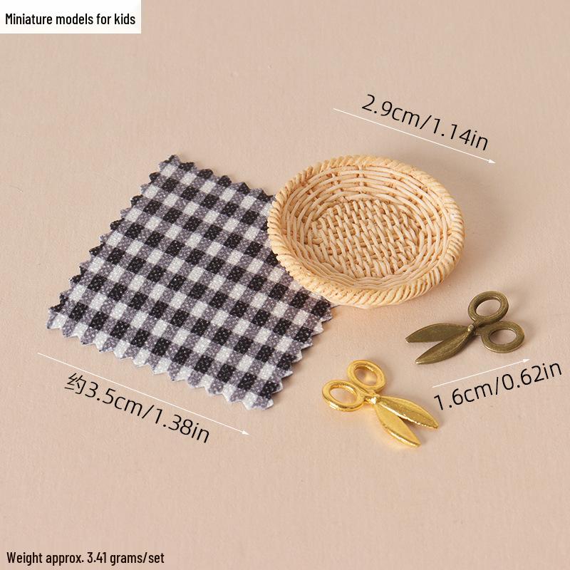 Mini Scissor Plaid Fabric Set for OB11 Dollhouse Sewing, Picnic Scenes, and Toy Photography.