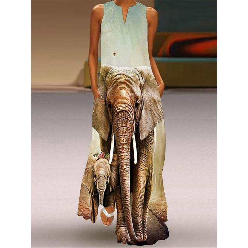 Dress Women 3D Print Peacock Dragon Big Elephant Horse Tiger Lion Animal Pattern Sleeveless Maxi Dress