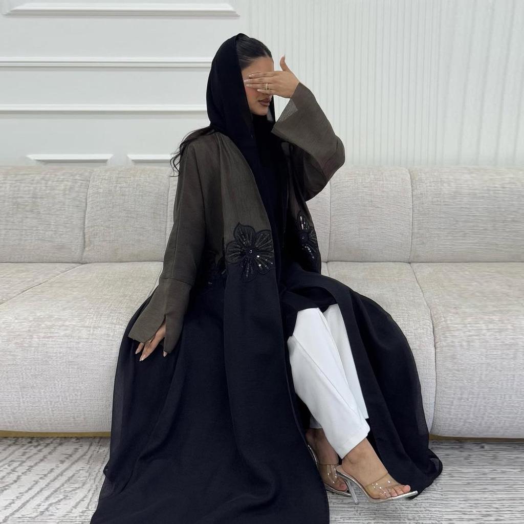 MQ210 Elegant 3D Applique Crinkle Abaya Cardigan for Modest Fashion