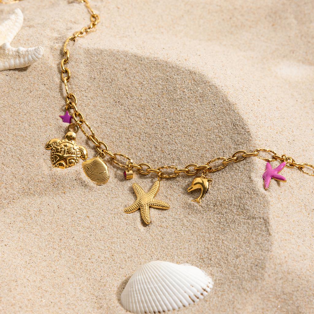 Design Vacation Style 18K Gold, Pink Dolphin Shell Turtle Dripping Oil Pentagram Necklace