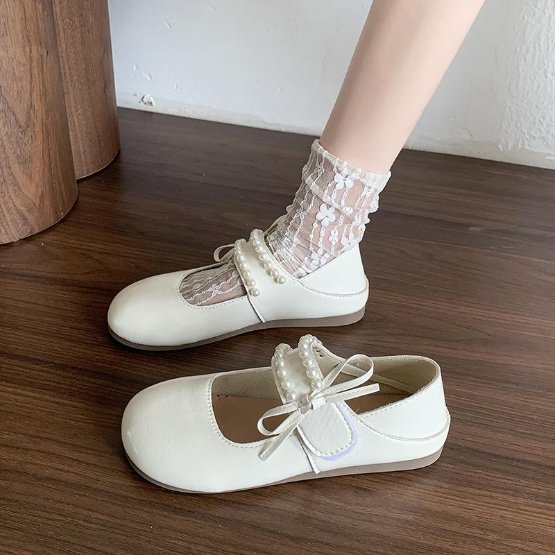 

2025 new spring and autumn soft leather round head pearl with Mary Jane shoes women s shallow mouth flat-soled single shoes small leather shoes 40