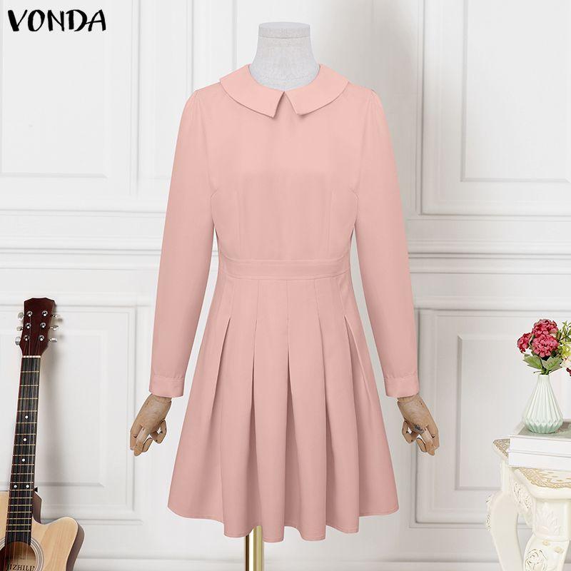 VONDA Women Lapel Neck Long Sleeve Pleating Ruffled Bodycon Mini Dress