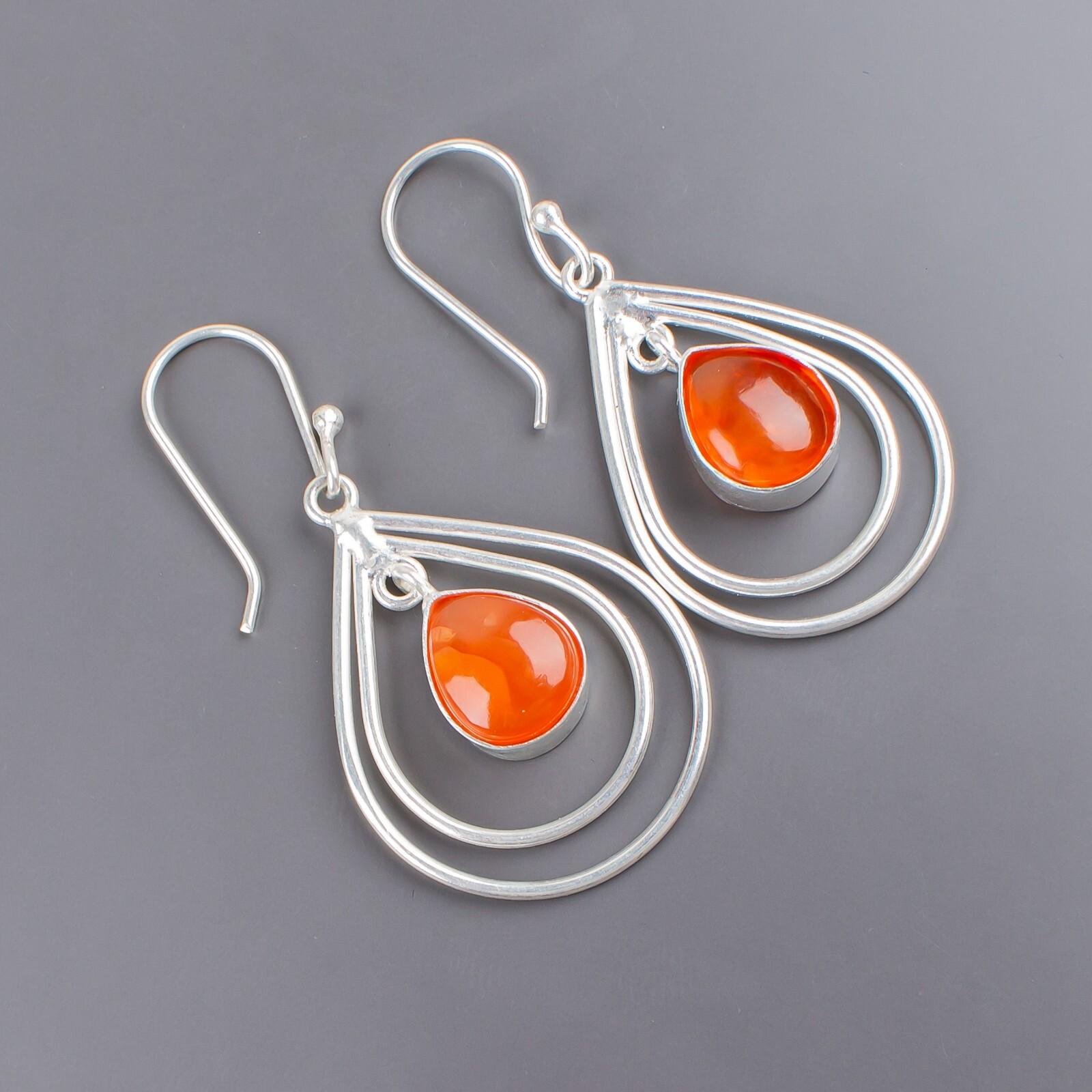 

925 Sterling Silver Carnelian Gemstone Jewelry Handcrafted Dangle Earrings 2.00 EE-34-29