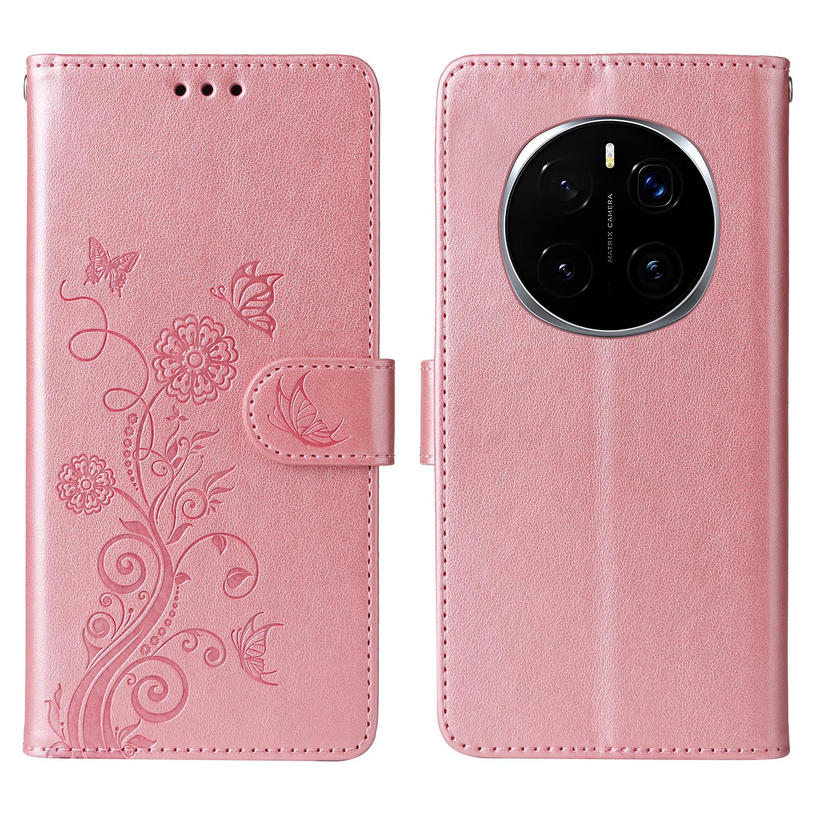 

For Honor Magic7 Pro 5G Leather Case Butterfly Floral Imprint Wallet Stand Cover Pink