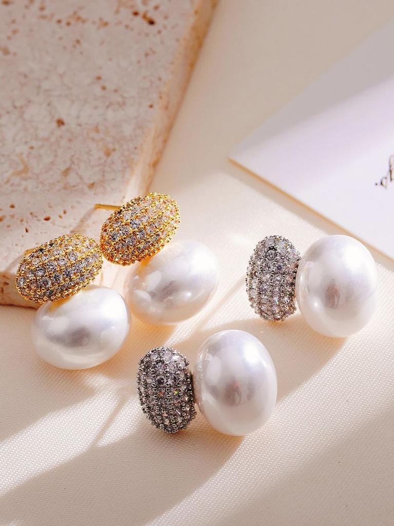 Fashion Oval Imitation Pearl Stud Earrings for Women Geometric Cubic Zirconia Elegant Bridal Earring Wedding Jewelry