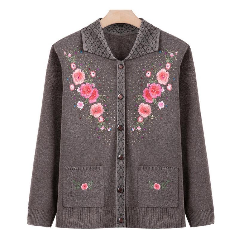 Middle-aged mother autumn and winter embroidered cardigan sweater the elderly cardigan knitted sweater jacket grandma top