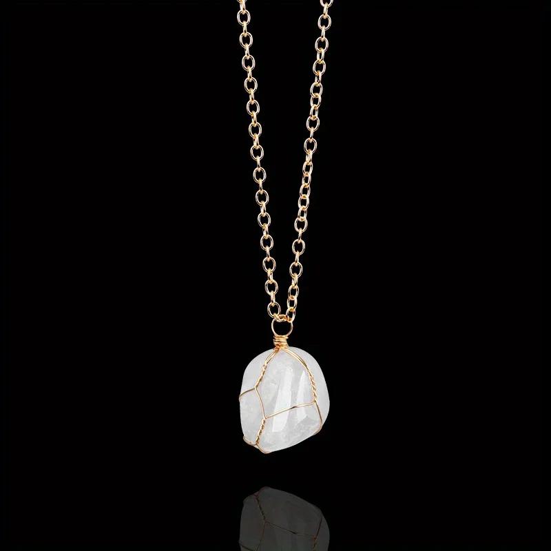 Natural Raw Stone Crystal Quartz Pendant Necklace for Women Irregular Crystal Wrapped Gold Wire Chakra Gemstone Wrap Jewelry 1pc