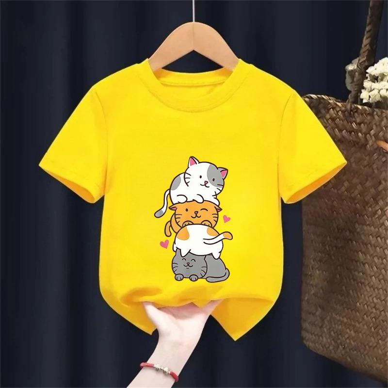 Cute Cat Graphic Kids Tshirts Summer Short Sleeve Tees Cartoon Animal Boys Girls Clothes Kawaii Kitten Tops Y2K Children T-shirt