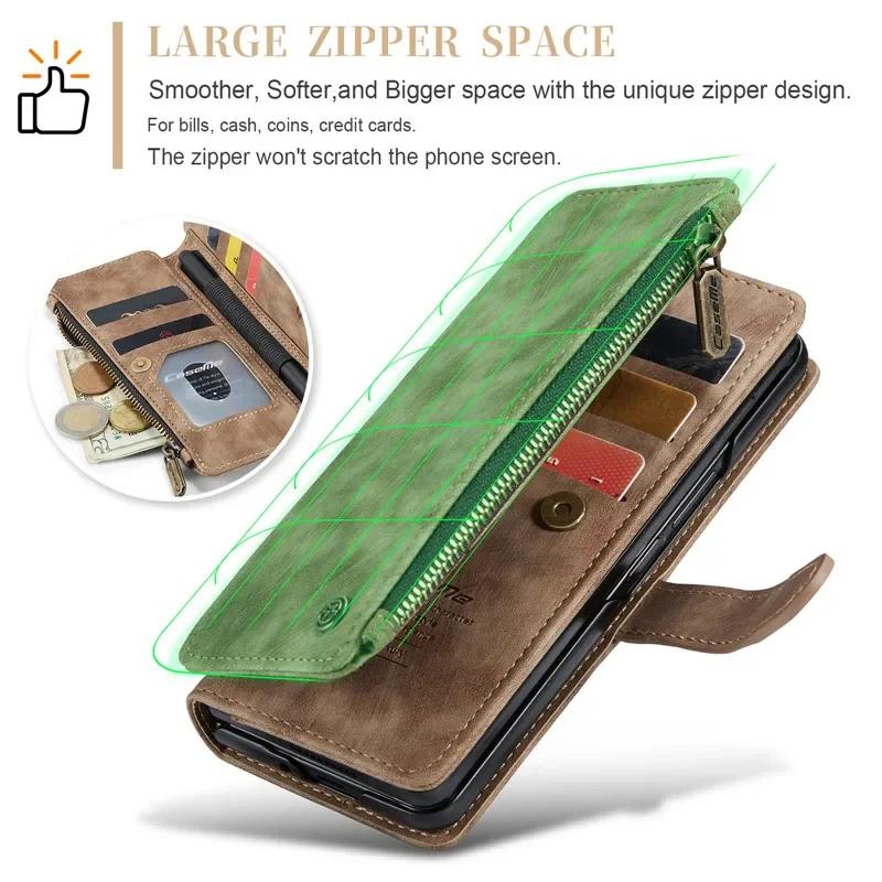Lanyard Leather Zipper Wallet Card Phone Case For Samsung Galaxy Z Fold 7 6 5 4 Fold6 Fold5 Fold4 Purse Flip Stand Cover