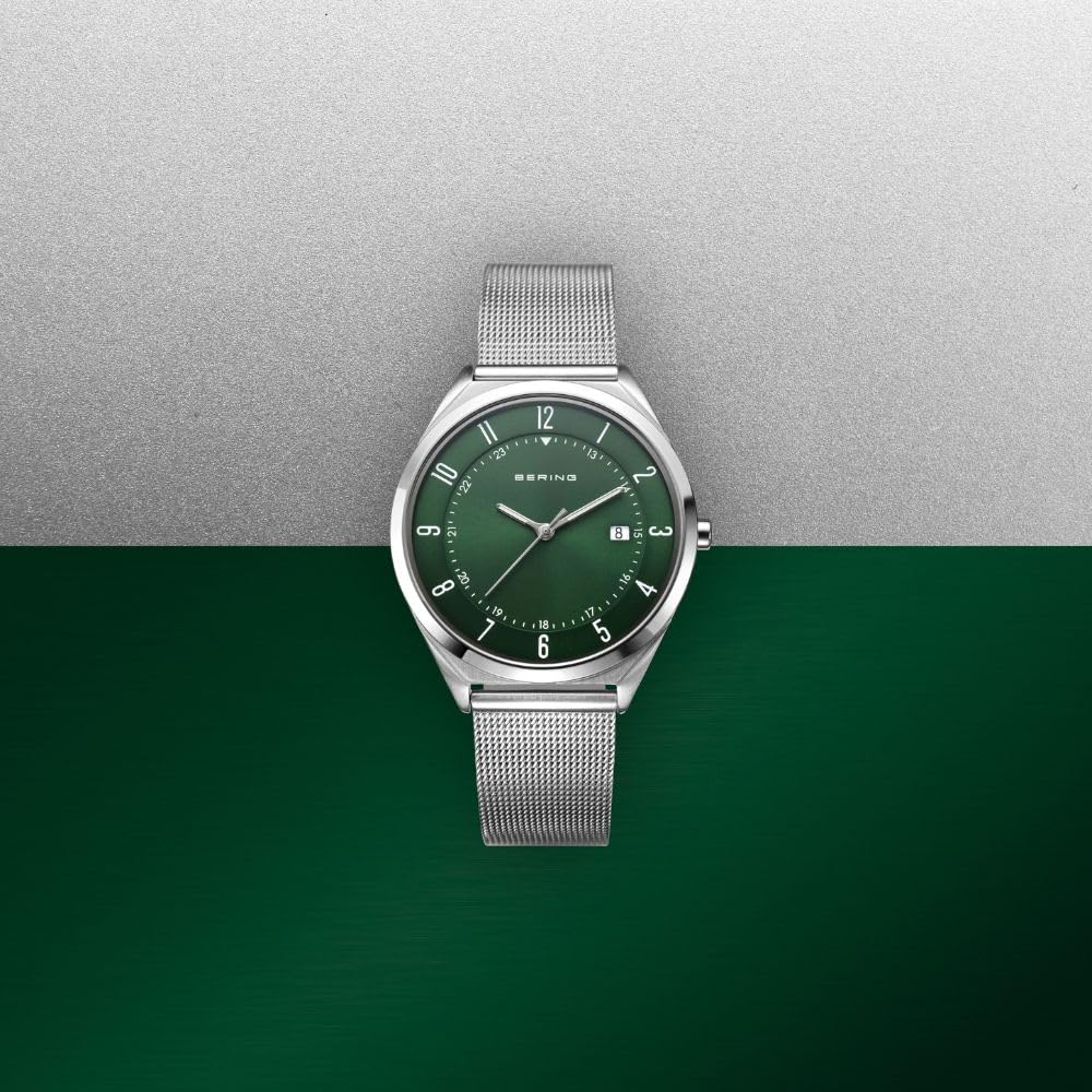 Imported In BERING Unisex Ultra Slim Watch with Metal Mesh Green and Silver Sapphire and 316L Surgical Stainless Steel [Officially Japan] Men's Strap,