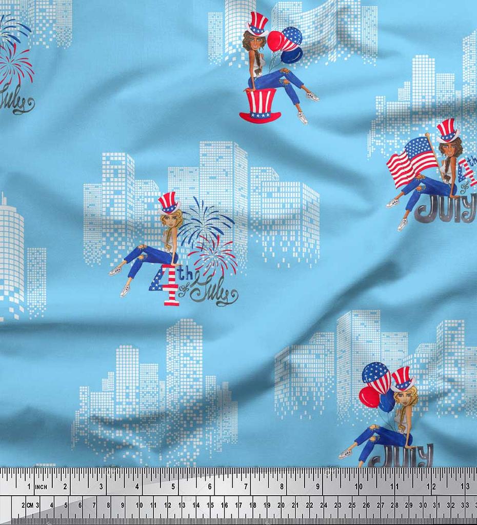 Soimoi Blue Japan Crepe Satin Fabric Text,Women & Bulidings Architectural Decor Fabric Printed Metre 42 Inch