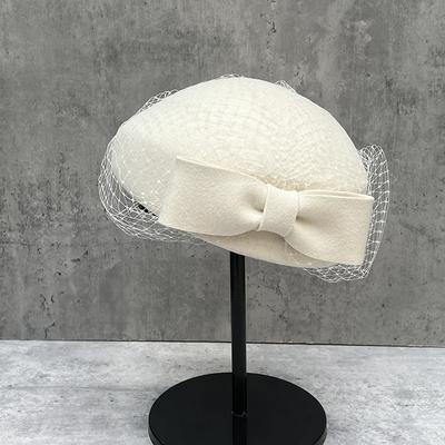 Fashion Design Mesh Bow Beret Hepburn Style British Ladies Celebrity Banquet Autumn And Winter Wool Top Hat