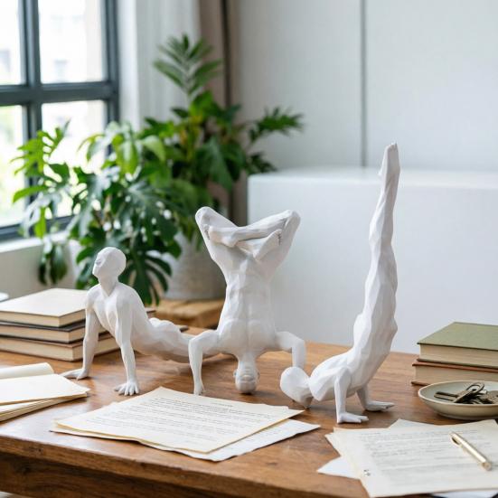 Yousheng Stable Base Ornament, 3D Printed Yoga Figure with White Matte Texture, Geometric Cross-Section Design Sculpture for Desk Tea