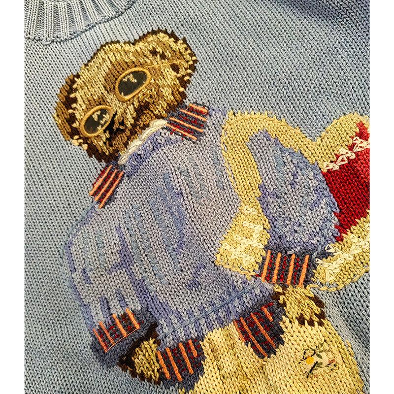 Dámský ležérní modrý svetr s výšivkou vzoru medvídka - Evropský a americký styl kulatý výstřih pulovr