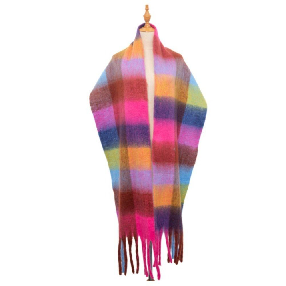 Mohair Plaid Wool Scarf Plush Women Cape Classic Rainbow Tassel Shawl Student