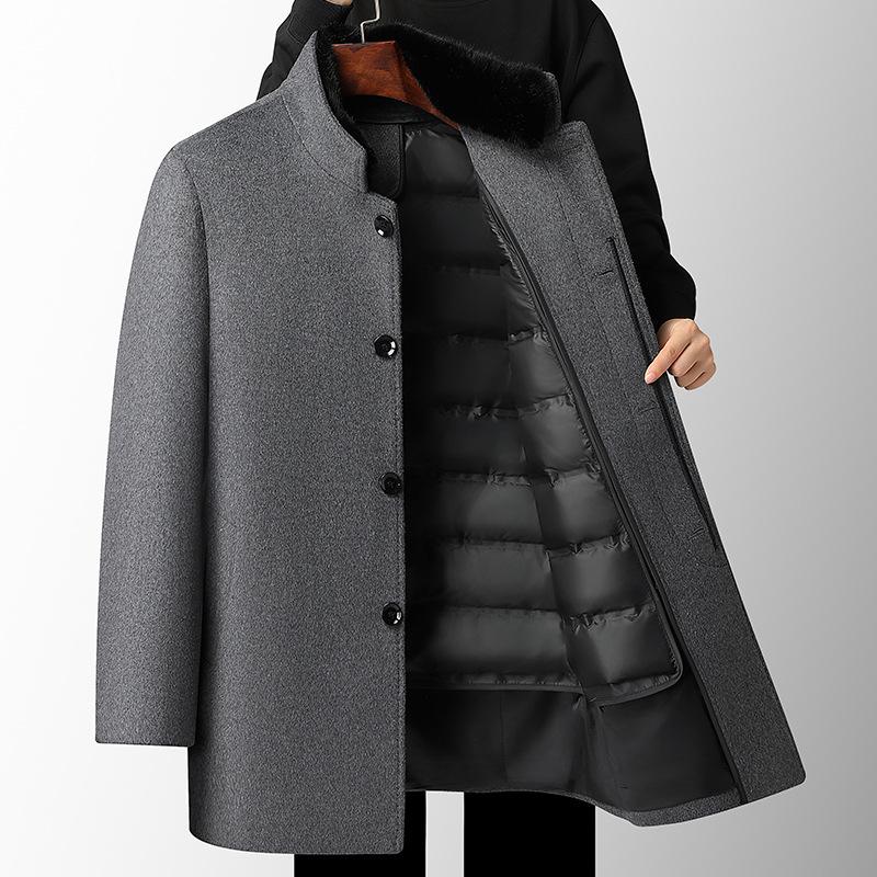 Cappotto di Lana da Uomo di Media Lunghezza con Collo di Pelliccia Ispessito e Fodera Rimovibile in Piumino, Cappotto di Lana Autunnale e Invernale per Persone di Mezza Età e Anziane