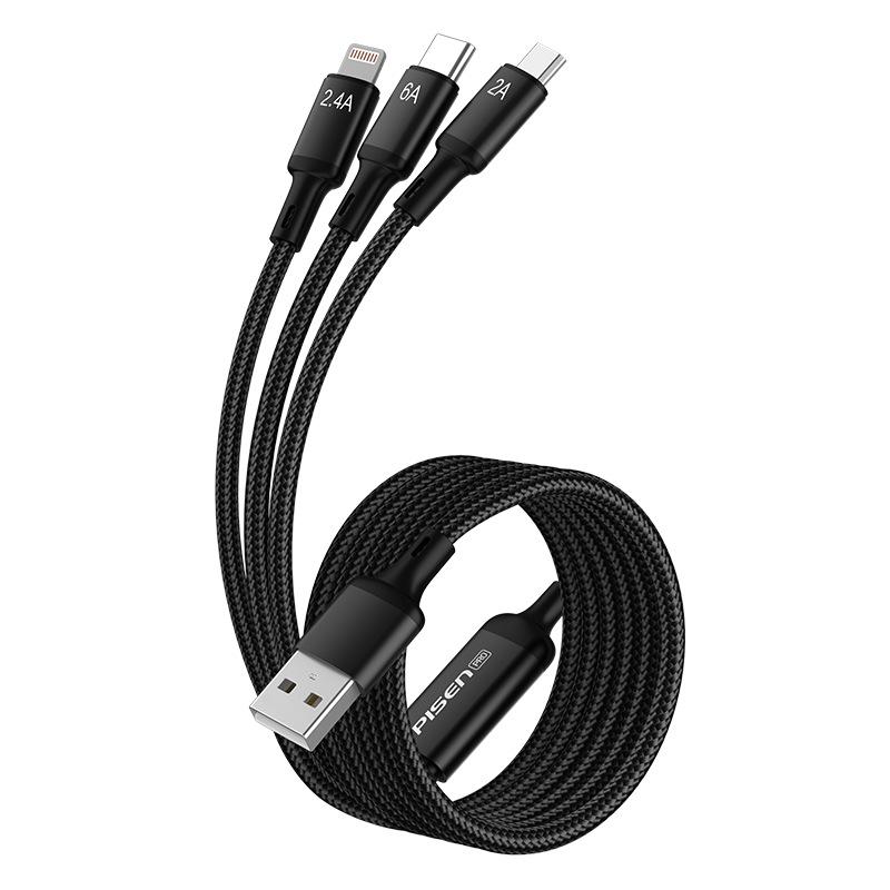 PISEN 6A Nylonový opletený 3v1 PD Superrychlý nabíjecí kabel