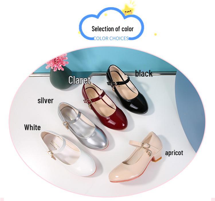 Girls' White Leather High Heels - New 2025 Princess Dance Shoes for Students, Sizes 25-40