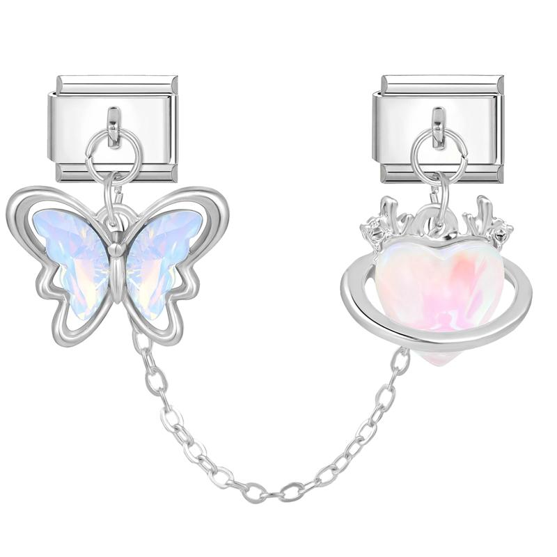 Y2K Zircon Moon Bow Star Pink Heart Tassel Chain Italian Charm Links Fit 9MM Stainless Steel Bracelet Women DIY Making Jewelry