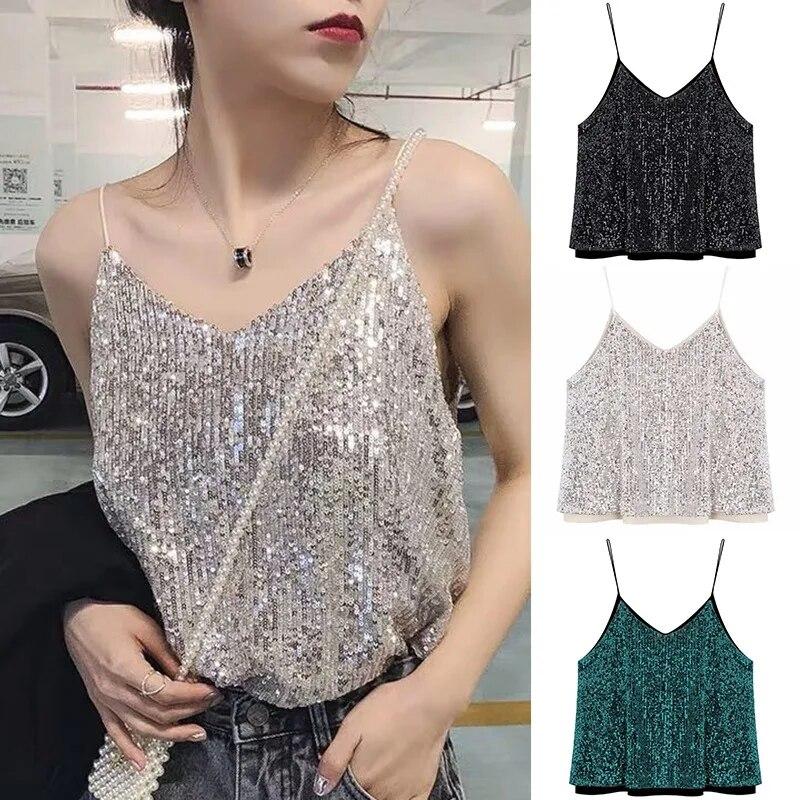 Women's Loose Casual Sequined Camisole Vest V Neck Shiny Sparkling Basic Top
